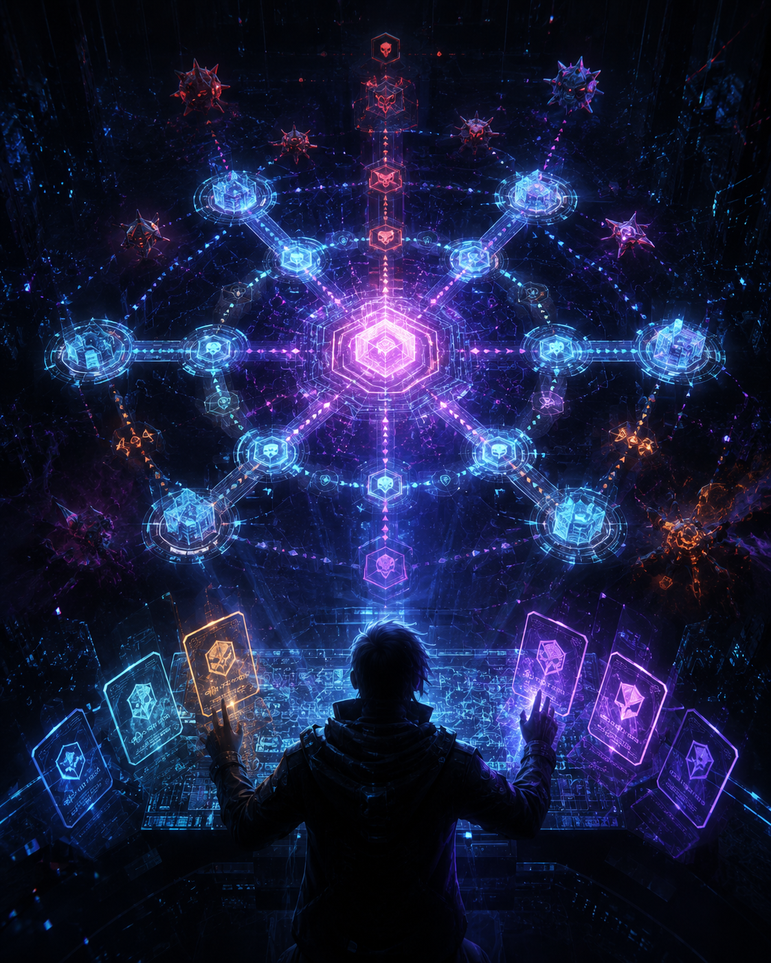 ECAM welcome artwork showing an operator at a holographic breach console facing the network core